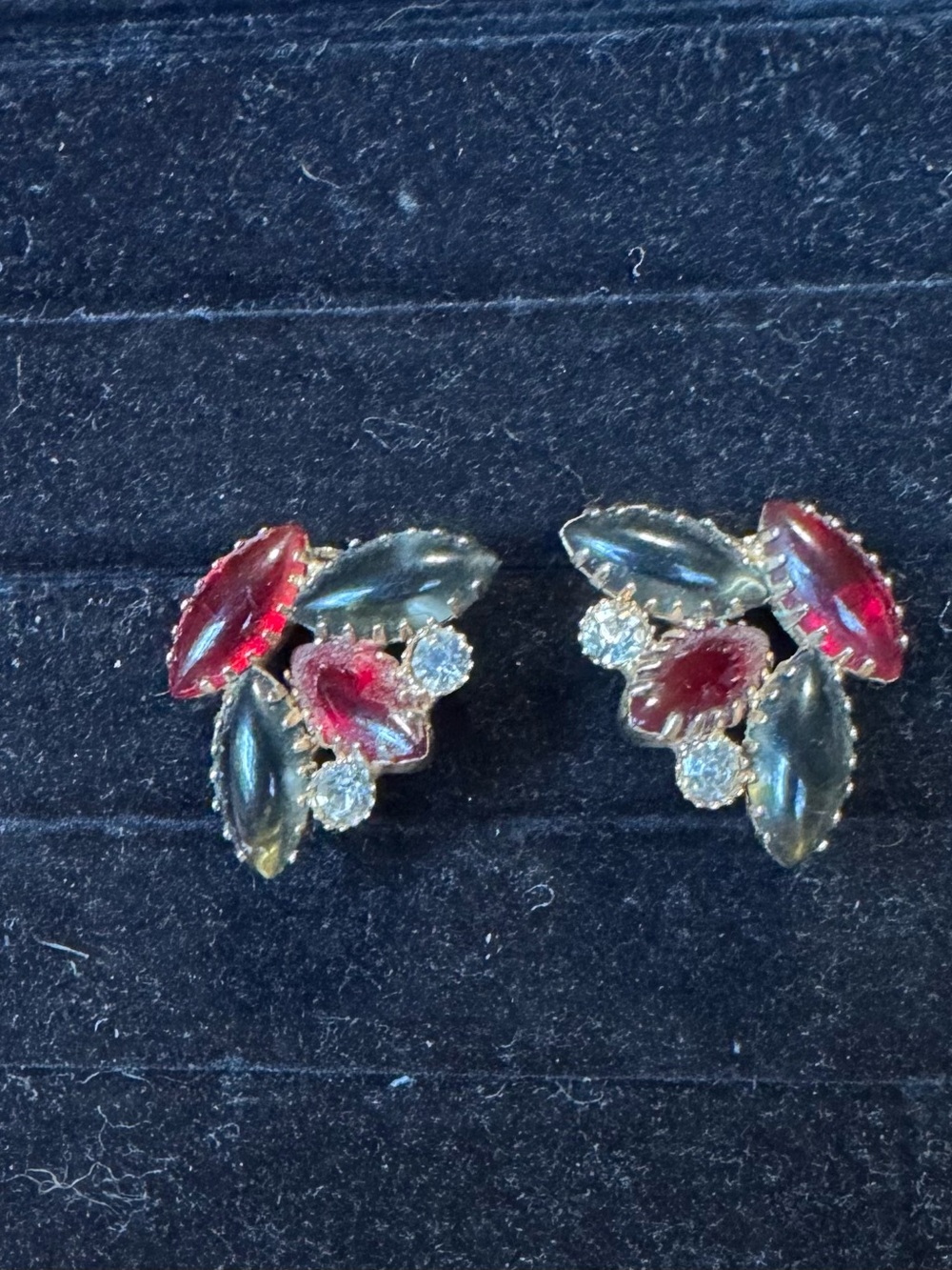 Vintage Mid-Century Red and Green Marquis Glass Cluster Earrings